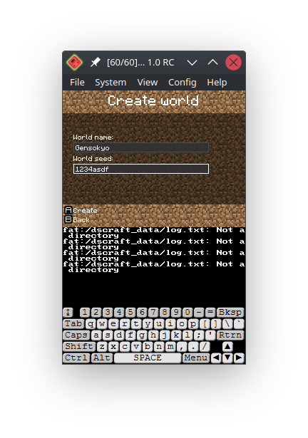 DS-Craft world creation screen.