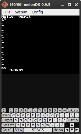 NDSvi screenshot. The editor is in insert mode. On the bottom screen is a keyboard with the usual English
    QWERTY layout. The text on the top screen, typed by the user reads 'Hello, world' on the first line, then ':3' on the next line.