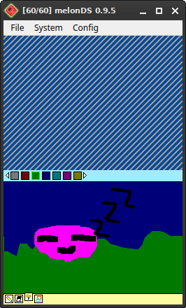 A drawing made using Paint DS demonstrating the capabilities of the Fill Tool. It features a pink
    blob character sleeping on what appears to be grass. The night sky is also visible.