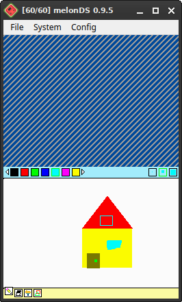 A drawing of a primitive house made using Paint DS, demonstrating the capabilities of the Shape
    Tool.