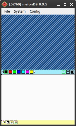 Paint DS screenshot. Bottom screen: painting application with color selection and multiple tools. Top
    screen: white lines on a light blue background.